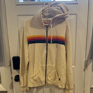 Aviator Nation Cream Zip-Up Sweater with Rainbow Stripes